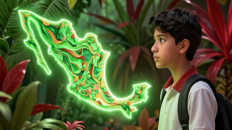 Joven mexicano contempla mapa abstracto de México