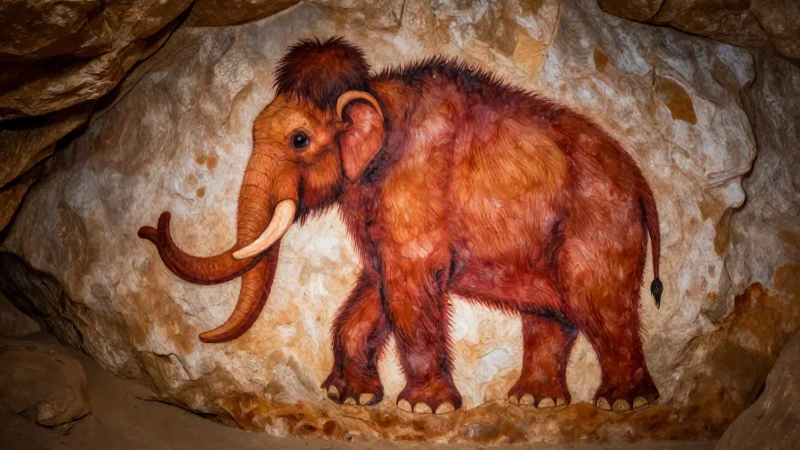 Mural prehistórico de un mamut con pigmentos ocre vibrantes