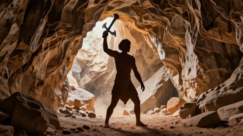 Silueta prehistórica con herramientas en cueva