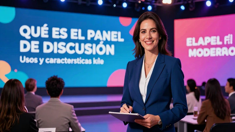 Moderadora profesional en panel educativo moderno