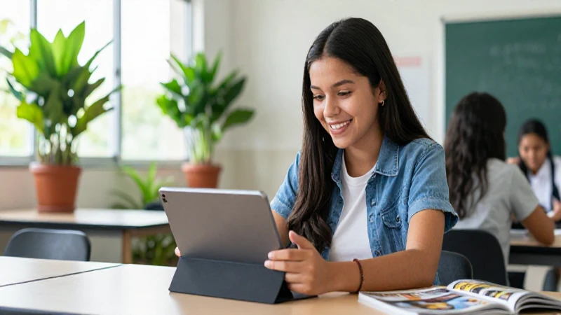 Estudiante sonriente aprende con tablet en aula moderna