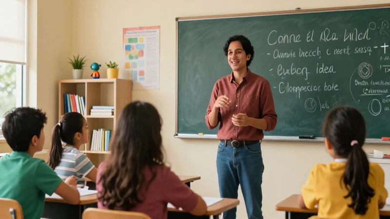 Conoce el perfil docente ideal: Ejemplos y características clave 3 Maestro dinámico en clase con materiales educativos vibrantes