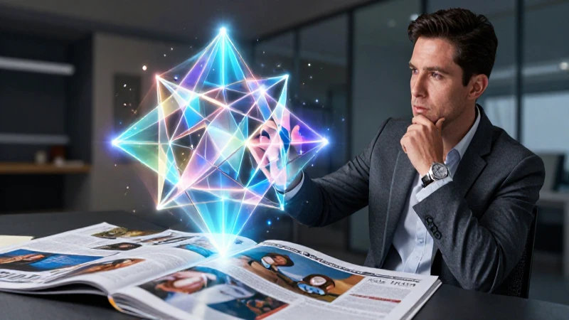 Profesional interactúa con estructura geométrica luminosa
