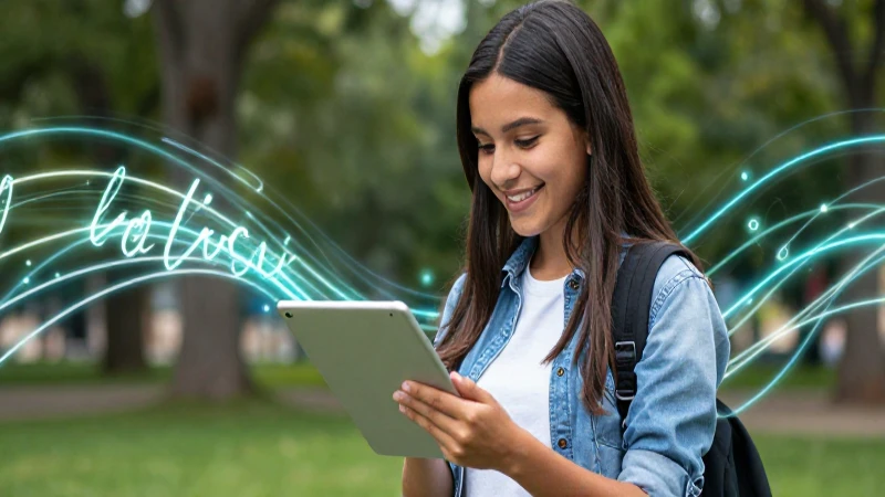 Estudiante mexicano feliz aprende con tecnología avanzada