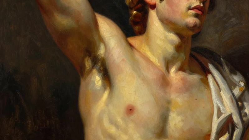 Pintura realista con iluminación dramática y dorado