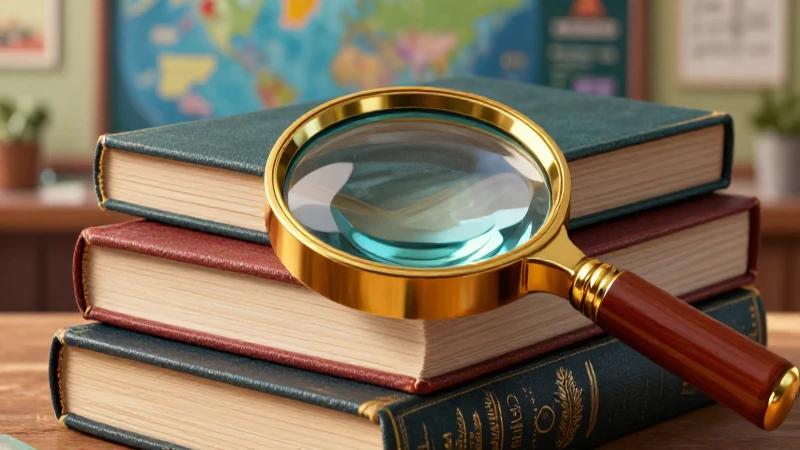 Libros antiguos con lupa, ilustración detallada y educativa