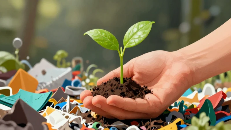 Manos cuidando brote sobre materiales reciclados