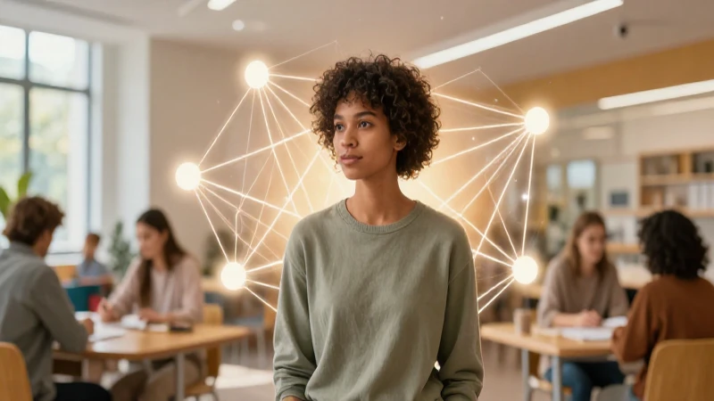 Joven en calma con luces geométricas en entorno educativo