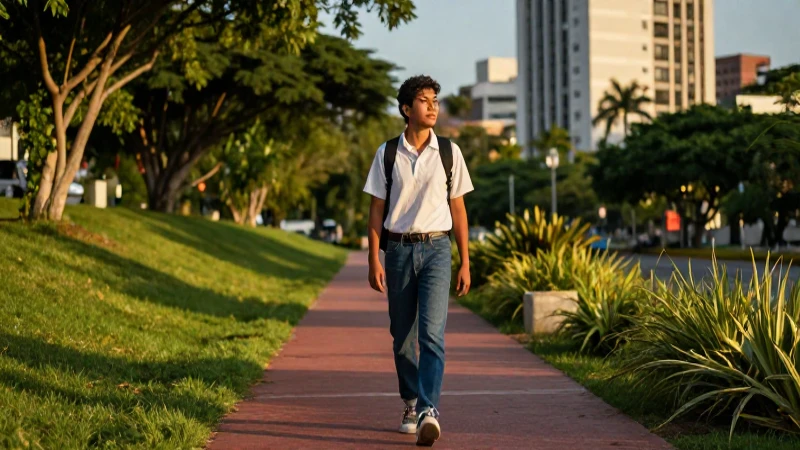 Estudiante mexicano en camino en entorno urbano natural