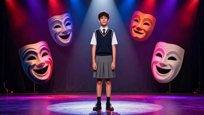 Qué es el teatro: origen, elementos y características 4 Estudiante mexicano sobre escenario con iluminación dramática