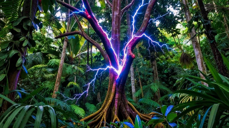 Descarga eléctrica ilumina la selva tropical