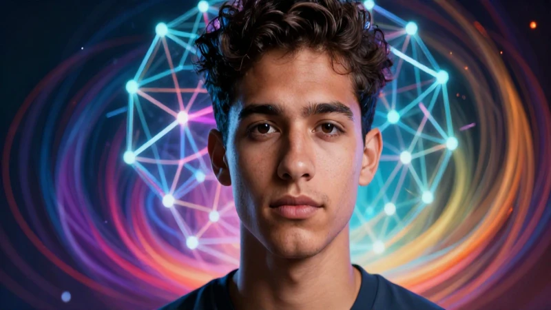Retrato joven reflexivo con red neuronal futurista y energía vibrante
