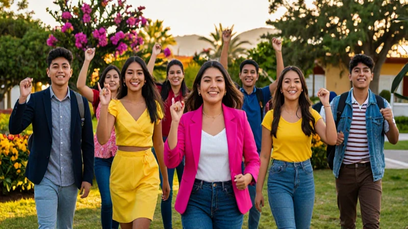 Estudiantes mexicanos celebrando su identidad bajo la luz dorada