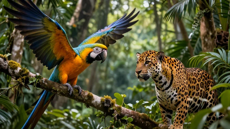 Fauna diversa ilustrada en la selva