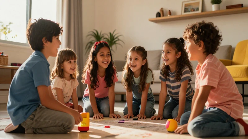 Niños felices juegan en hogar mexicano bajo luz dorada