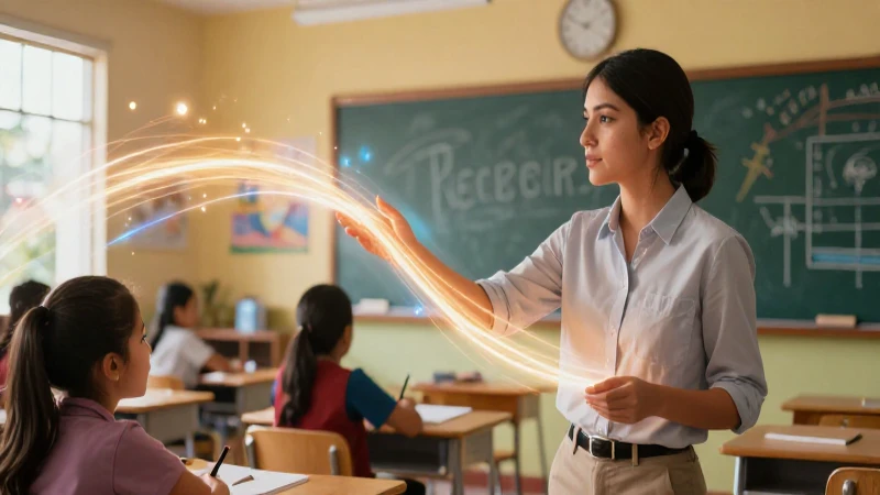 Joven maestro guía luz en clase moderna