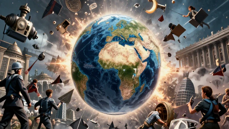 Globo estilizado emerge de conflictos geopolíticos globales