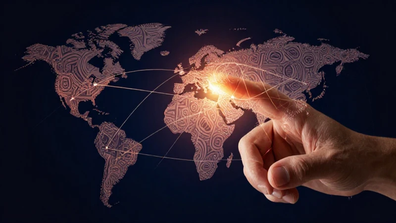 Diseño artístico de mano táctil sobre red geopolítica