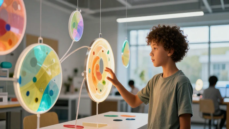 Joven artista interactúa con arte digital vibrante