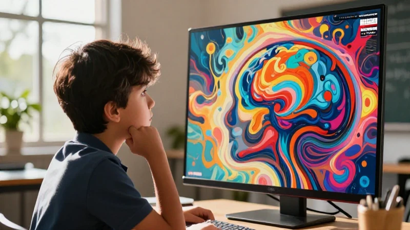 Estudiante contemplando mente abstracta en revista educativa