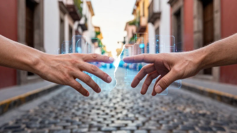 Manos contrastantes sobre calle mexicana con datos