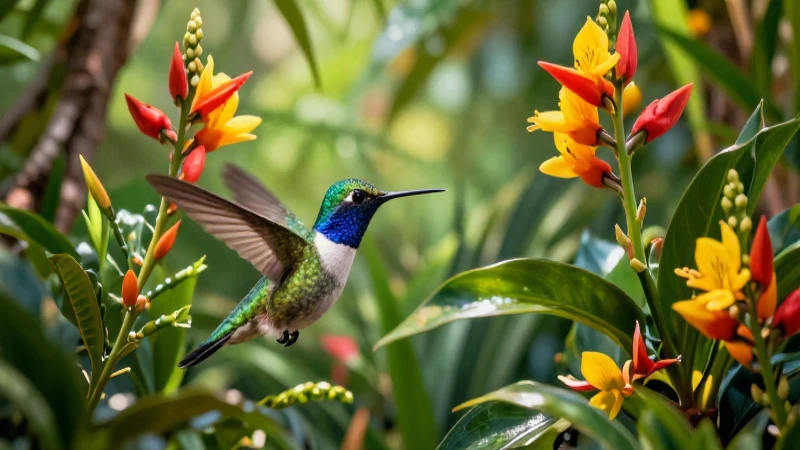 Vibrante colibrí en exuberante flora tropical detallada