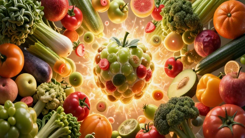Conoce qué es la ingestión y su impacto en tu salud 4 Vista aérea de alimentos saludables vibrantes