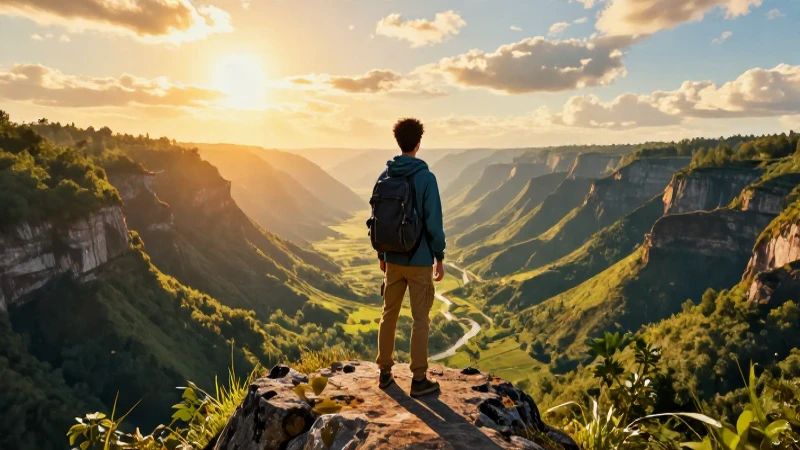 Joven en cima, vista al valle dorado