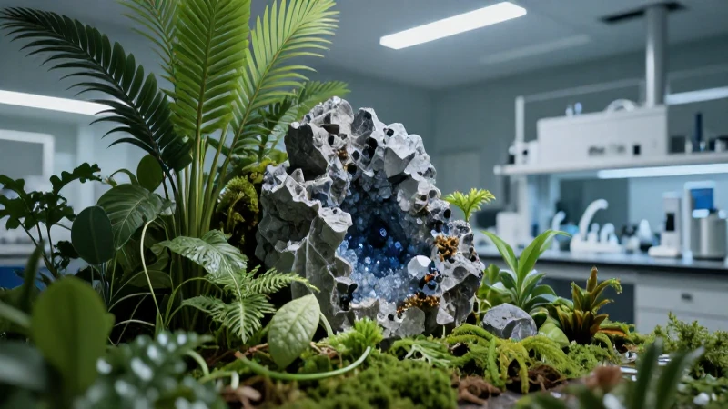 Follaje verde orgánico frente a roca cristalina