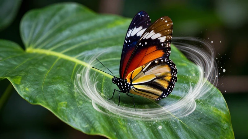 Mariposa hiperrealista emerge de hoja tropical