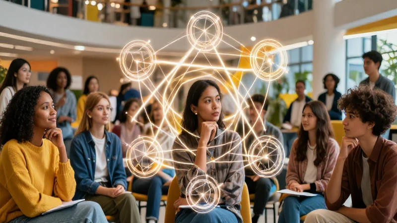 Jóvenes diversos en espacios modernos con lazos éticos