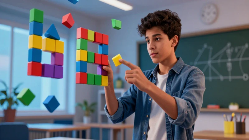 Joven estudiante resuelve problema matemático con bloques coloridos