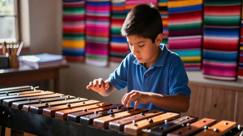Estudiante mexicano toca marimba con luz dramática