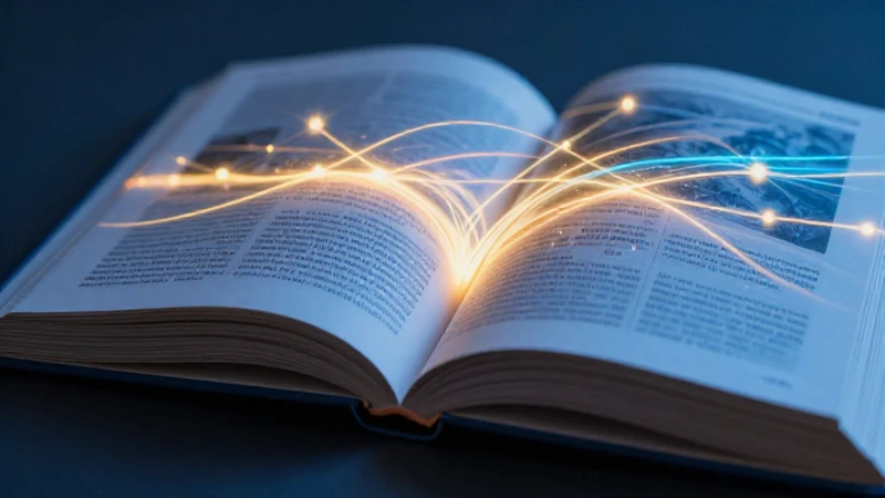 Libro abierto con narrativas abstractas y brillantes