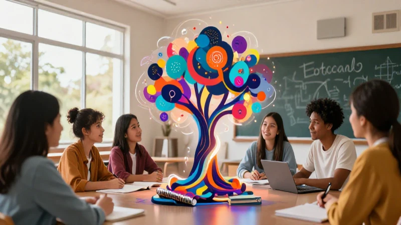 Estudiantes colaboran en un árbol del conocimiento vibrante