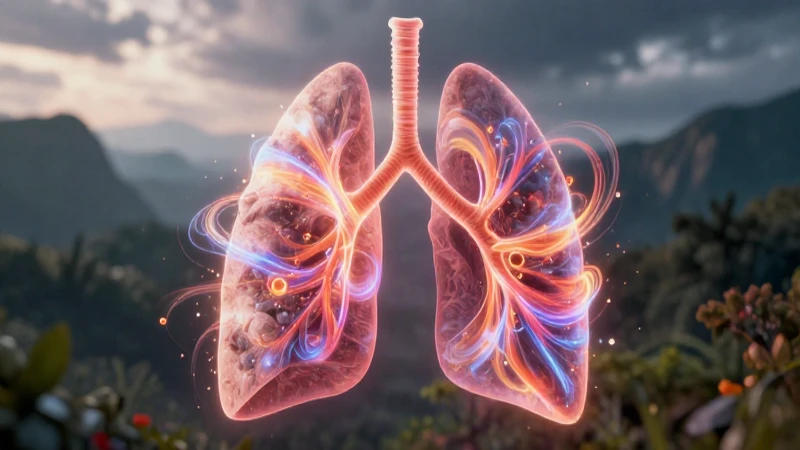 Pulmones estilizados y oxígeno en un paisaje moderno