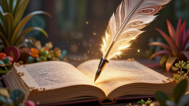 Conoce la esencia poética: ¿Qué es la rima y por qué es importante? 4 Pluma estilizada sobre libro con estilo mexicano y luz dorada