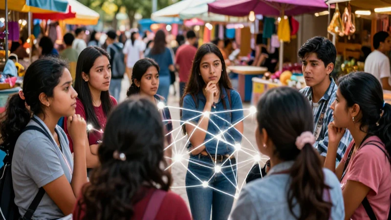 Estudiantes mexicanos en discusión vibrante y moderna