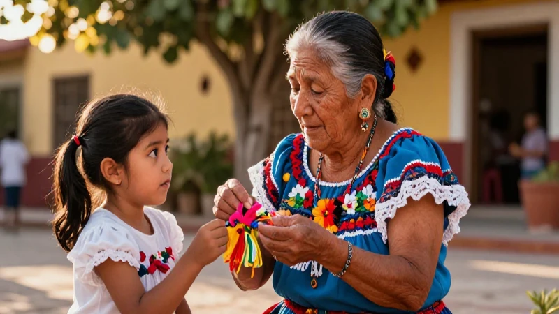 Abuela mexicana enseña artesanía a niño curiosos