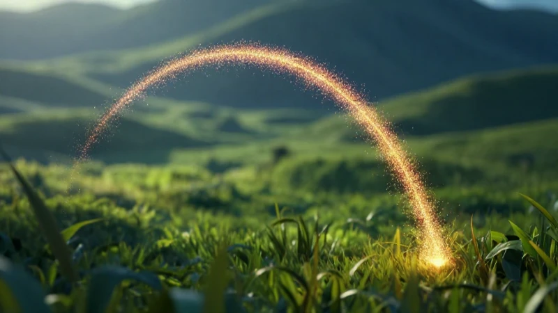 Partícula luminosa trazando parábola en paisaje vibrante