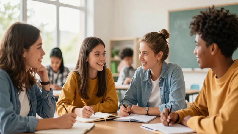 Estudiantes diversos colaboran en aula moderna