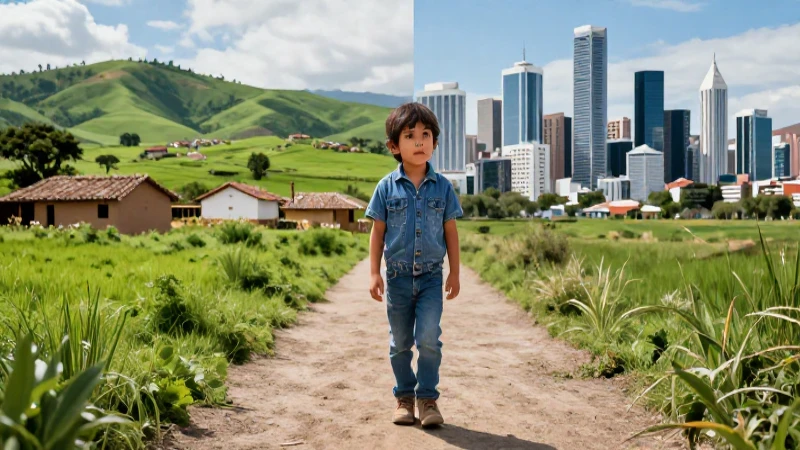 Niño en el camino entre campo y ciudad