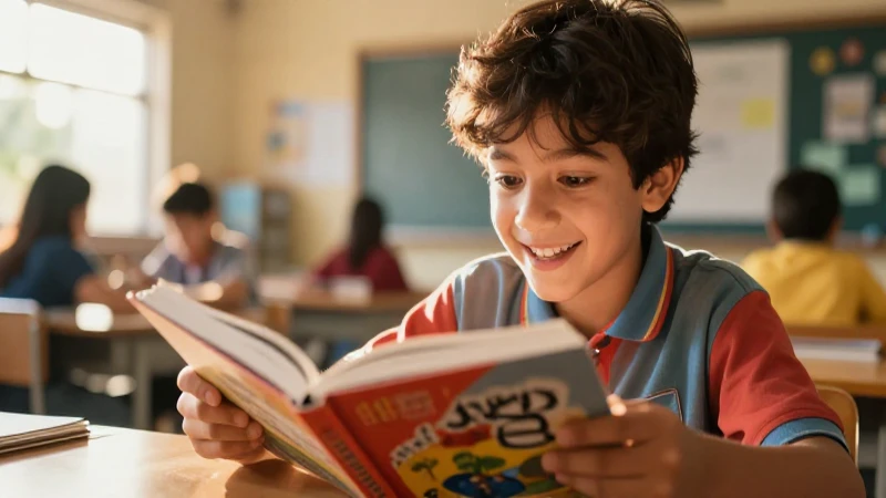 Joven estudiante alegre lee un libro bajo luz dorada