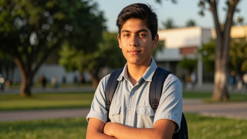Estudiante mexicano exitoso bajo luz dorada