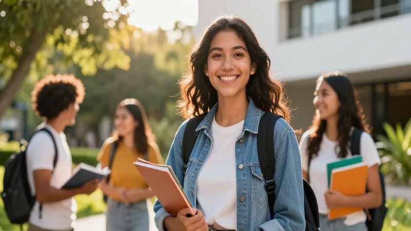 Estudiante sonriente en entorno mexicano moderno