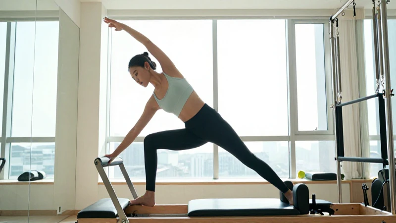 Mujer atractiva haciendo Pilates en estudio moderno