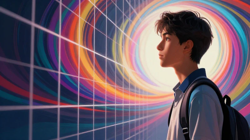 Estudiante moderno entre grids y luz abstracta
