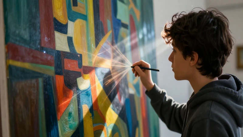 Qué es, en el arte: definición y concepto esencial 4 Estudiante observa arte abstracto vibrante y cinemático
