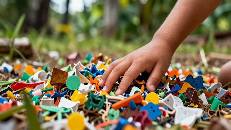 Niño toca material reciclado en naturaleza vibrante