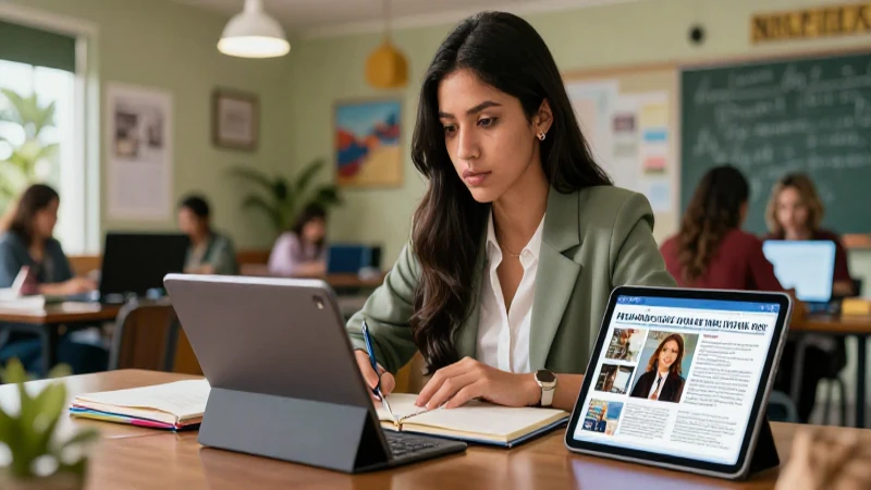 Aprende a hacer reportajes profesionales: tips y técnicas útiles 3 Joven periodista enfocada en México con tablet y notas